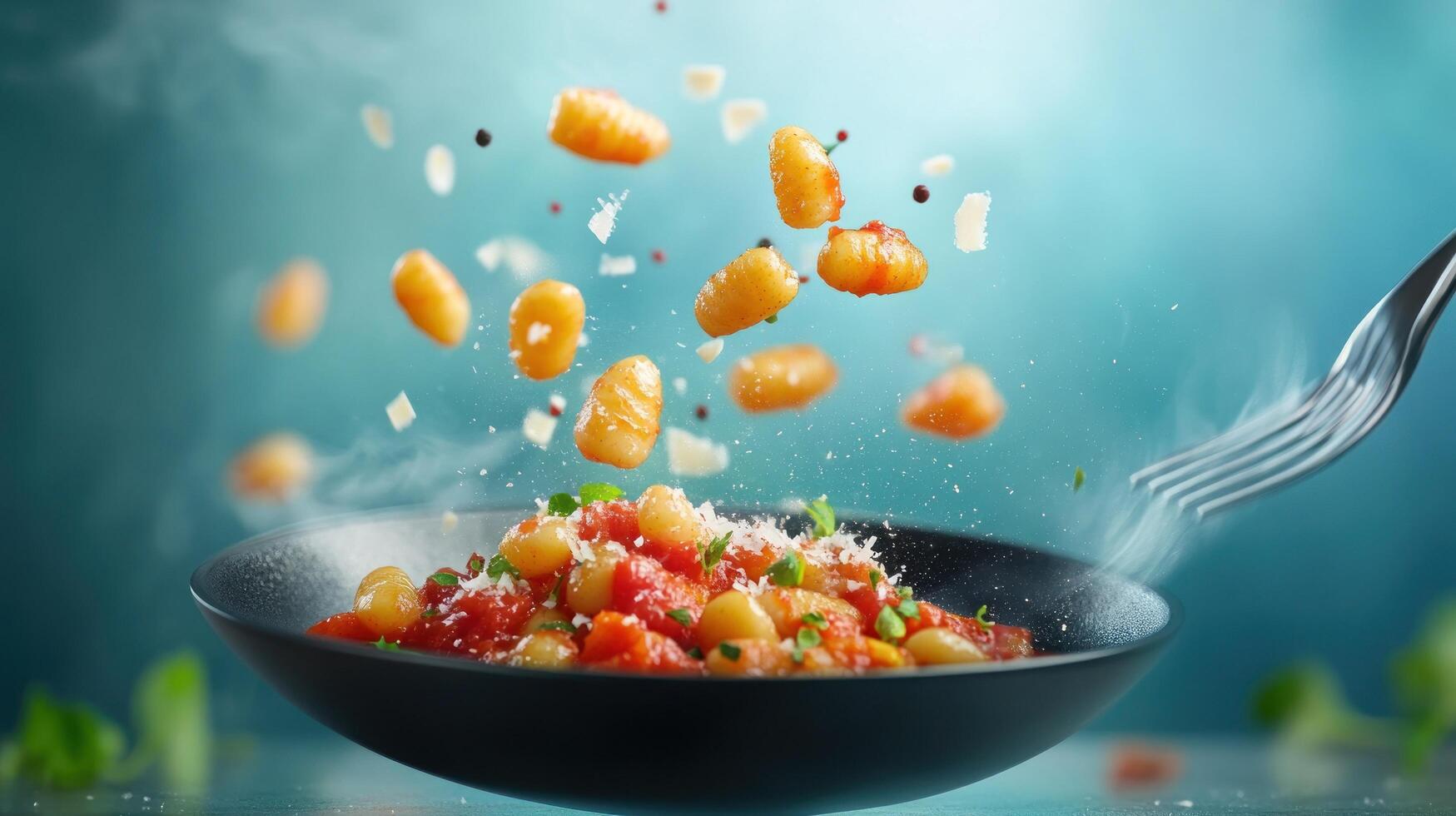 Falling gnocchi, tomato sauce with fork above pan. Steam and blue background for food presentation photo