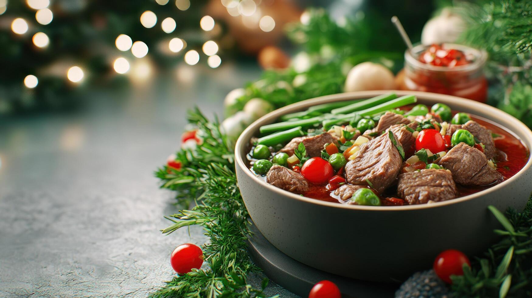 Festive meat dish on a table, with lights and decor, suitable for a Christmas menu or a holiday meal photo