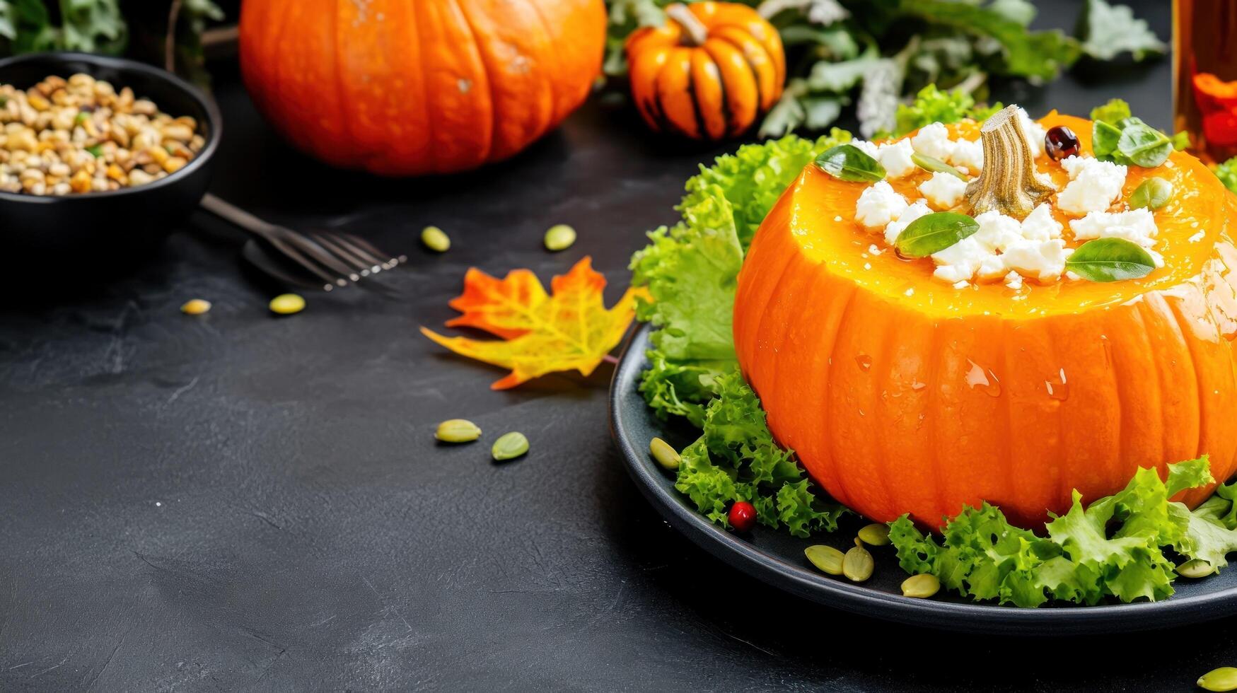 Festive pumpkin with stuffing on a plate, against a dark background, for Thanksgiving recipes photo