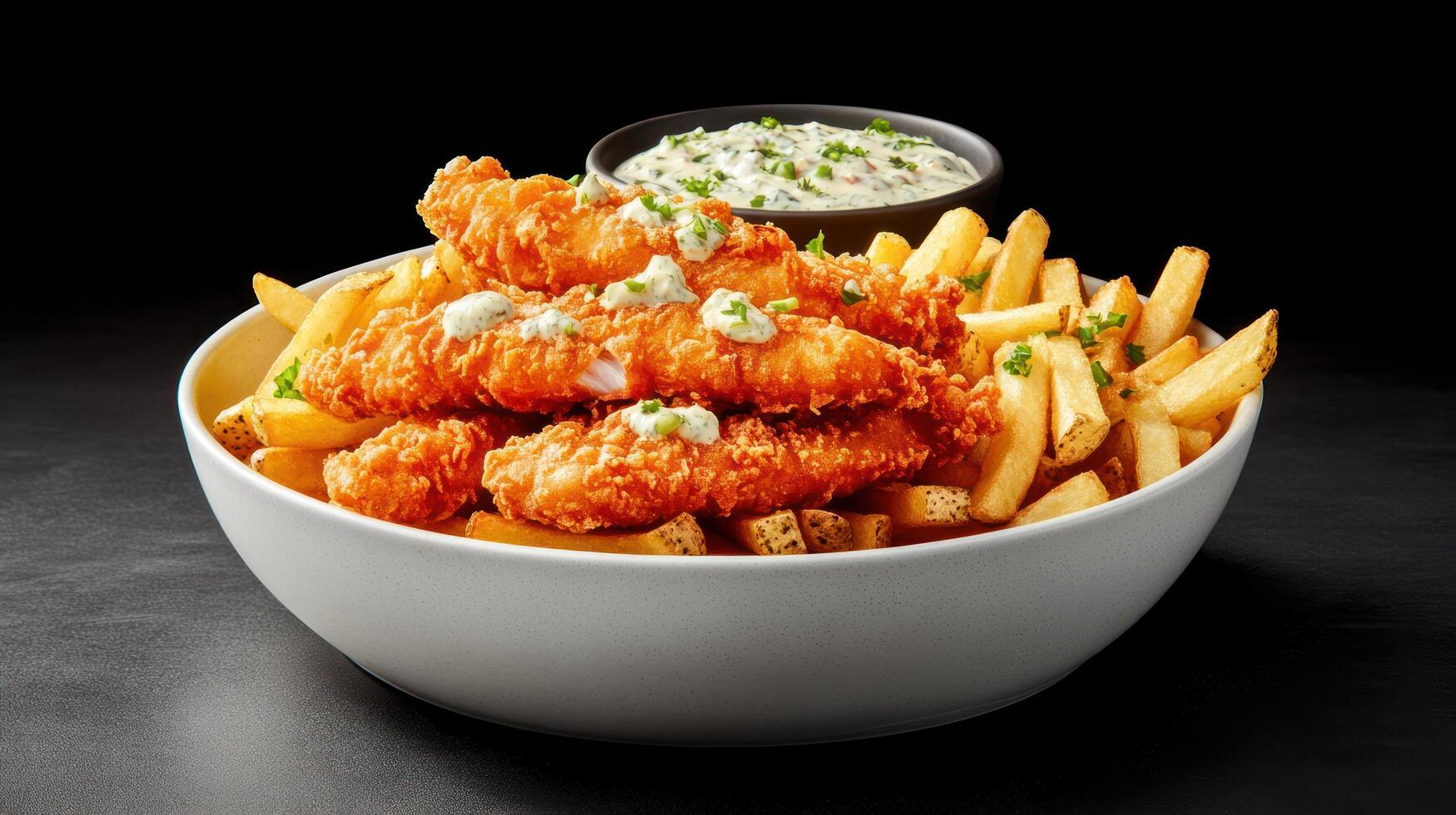 Fish and chips served with sauce in a bowl. Dark background. Restaurant ad usage photo