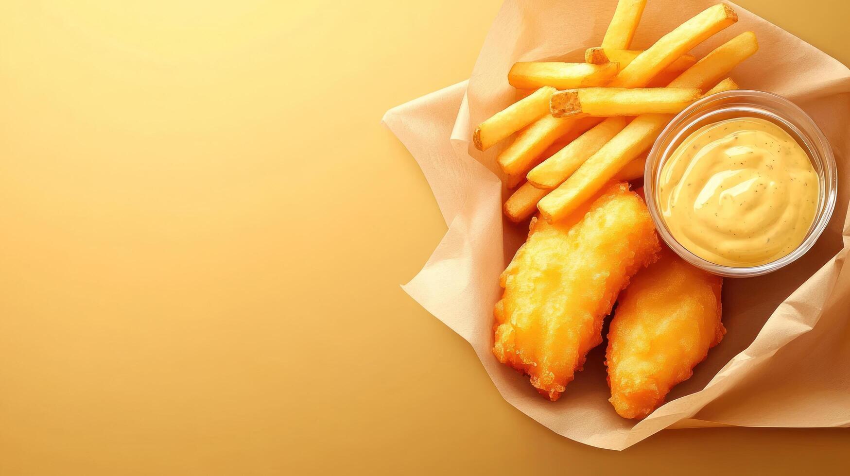 Fish and chips served with sauce, perfect for a meal or a takeaway offer photo