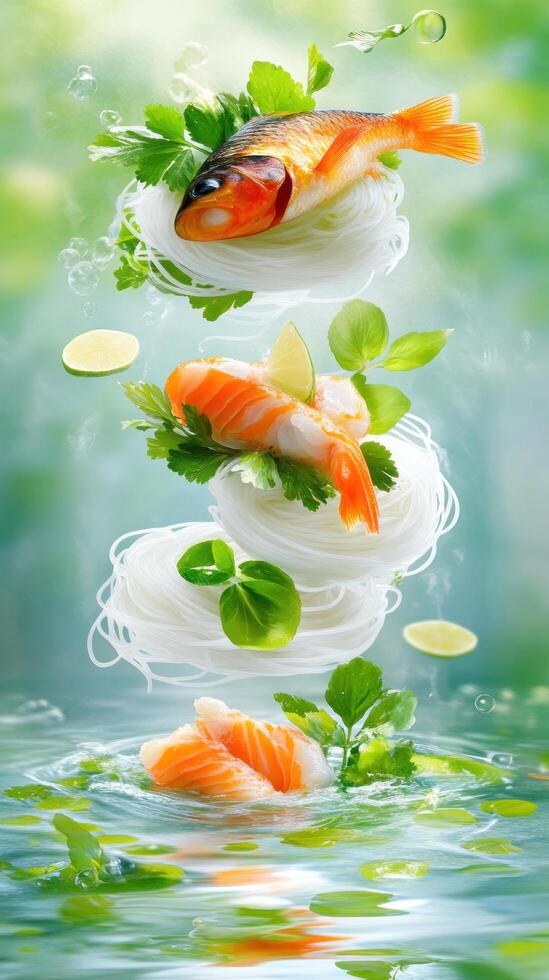 Fish and prawn sushi with lime and herbs in water. Fresh summer meal for restaurant menu photo