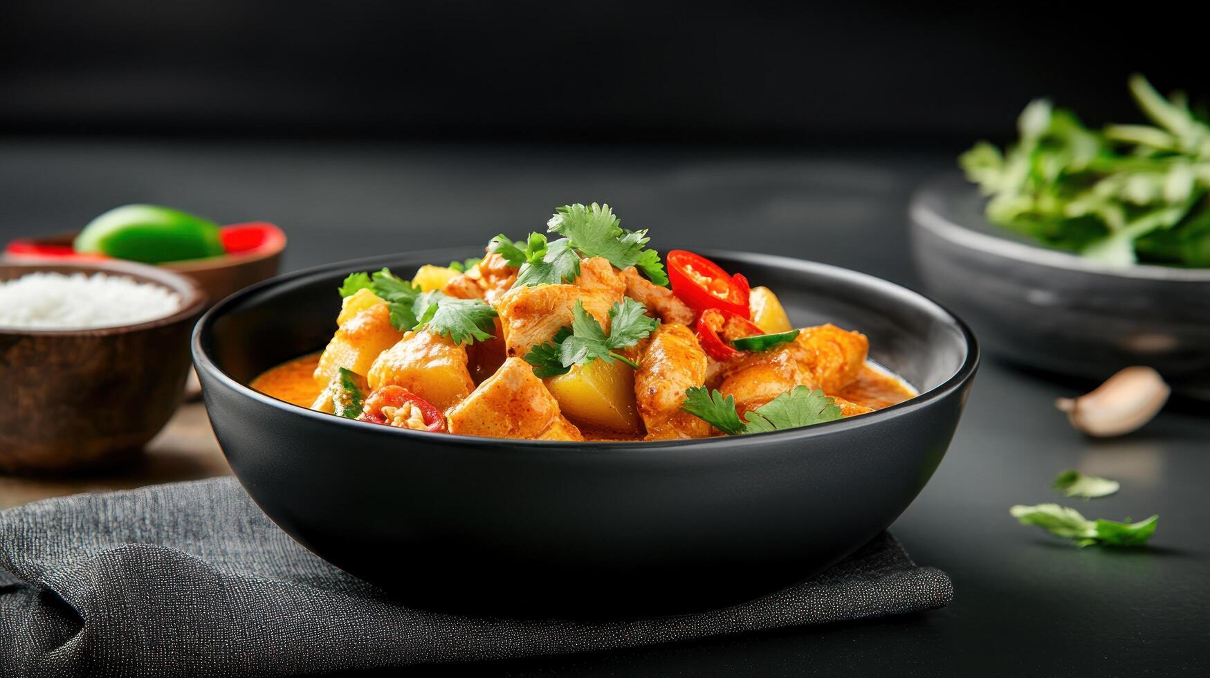 Fish curry dish with potatoes, peppers, cilantro, and rice on a black background for food content photo