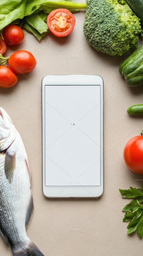 Fish and vegetables around mobile screen. Healthy eating. Cooking ingredients photo