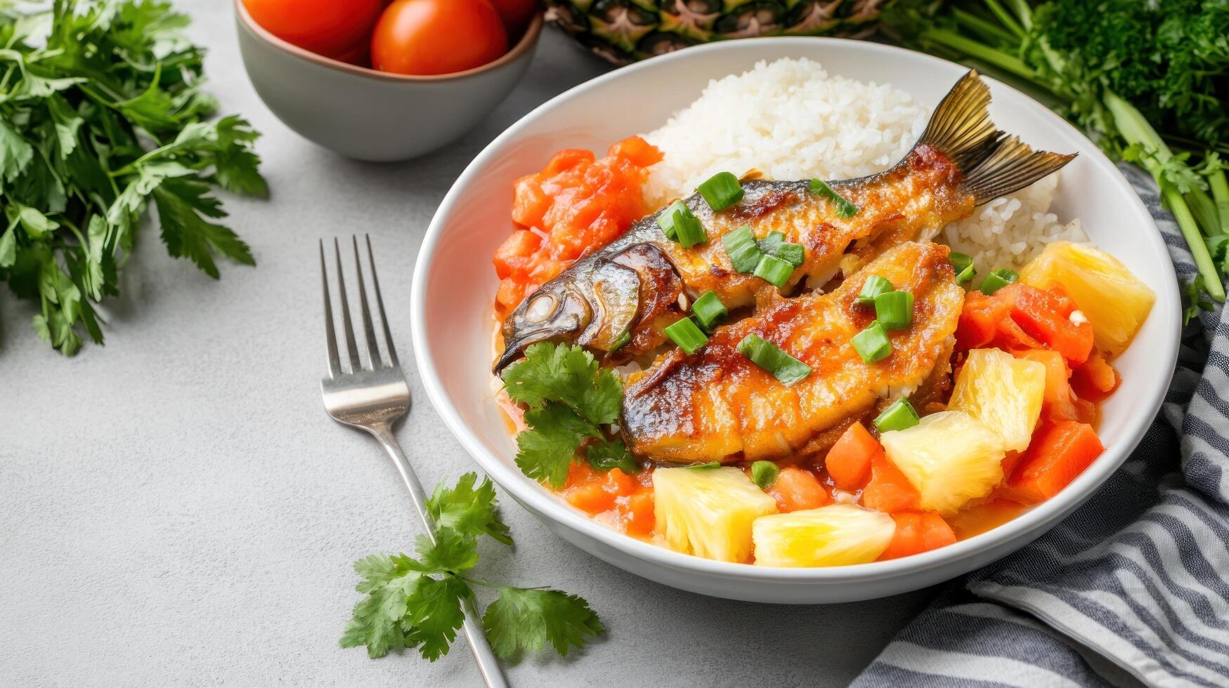 Fish fillet with white rice, carrots and pineapple chunks in a white bowl. Healthy Lunch photo
