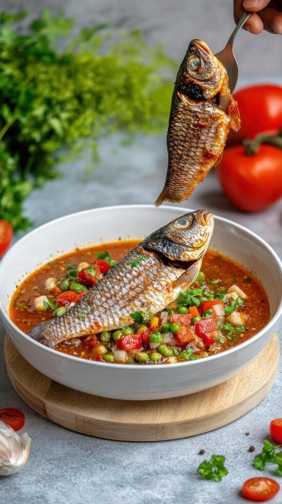 Fish soup ready to eat, tomato, parsley, and background herbs, to illustrate gastronomy photo