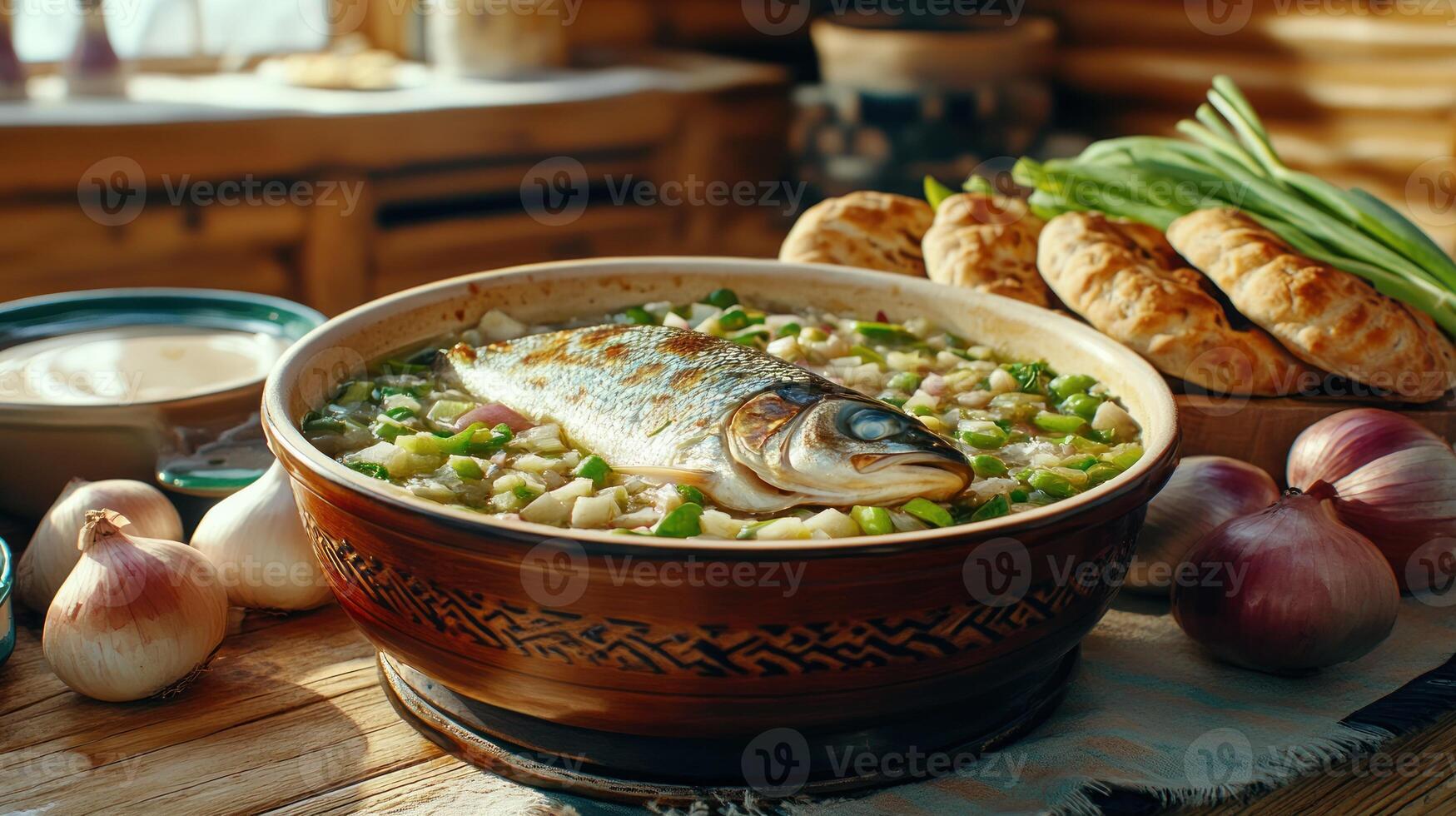 A bowl of fish and vegetables on a table photo