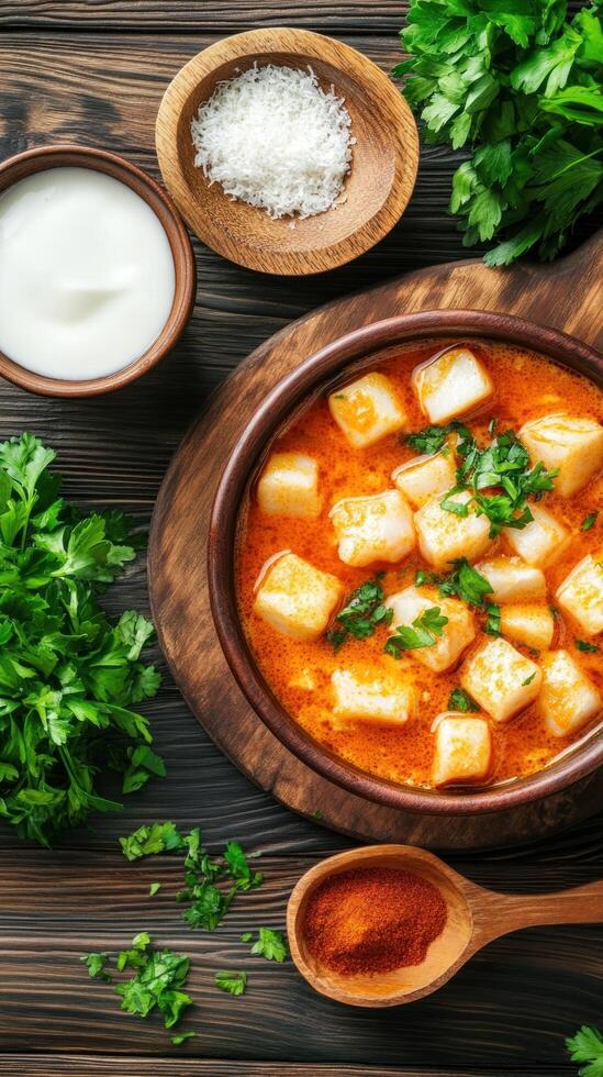 Fish stew served in bowl on wood table with herbs and condiments in rustic setting photo