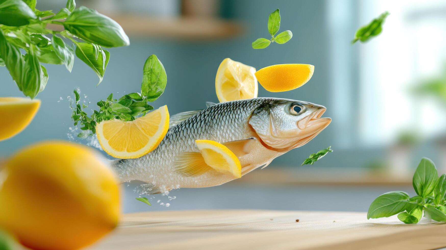 Fish with lemon and basil is levitating in the kitchen for a cooking recipe or advertisement photo