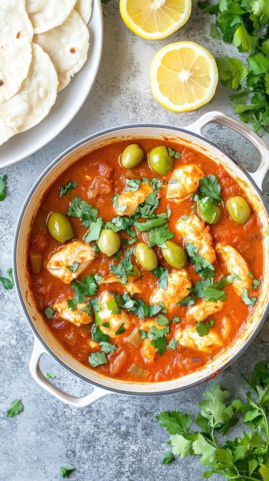 Fish stew with olives and cilantro in a pot, with flatbread and lemons on grey. Food photography photo