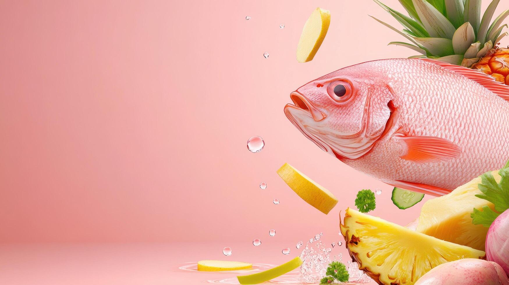 Fish with pineapple and fruit ingredients on the table for balanced diet cooking recipes photo