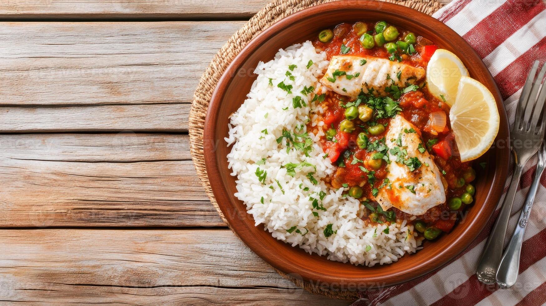 Fish with rice, tomato sauce and peas in plate. Culinary background on wooden table. Meal photo
