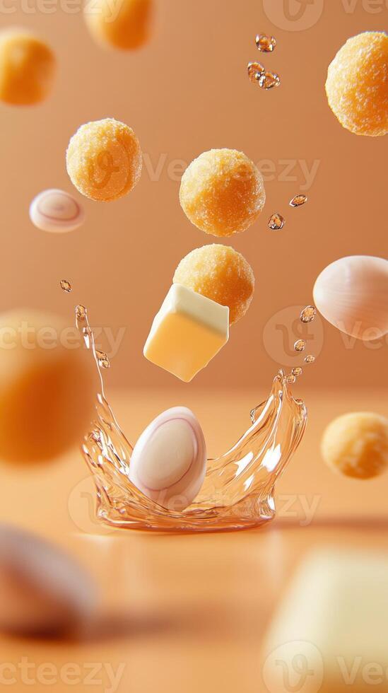 Food art Floating, splashing, and colliding eggs and balls on an orange background. Food photography photo