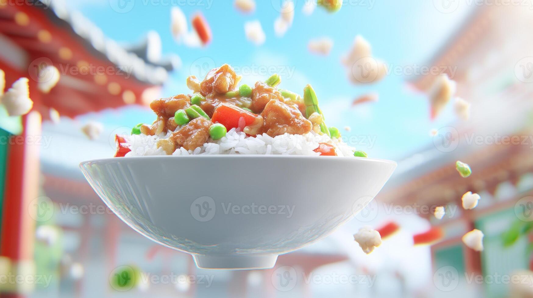 Food bowl with rice and chicken, being levitated in a traditional Asian temple background photo