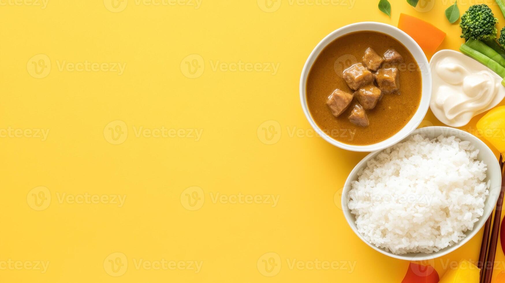 Food flat lay curry with rice and vegetables on a yellow background for restaurant menus photo