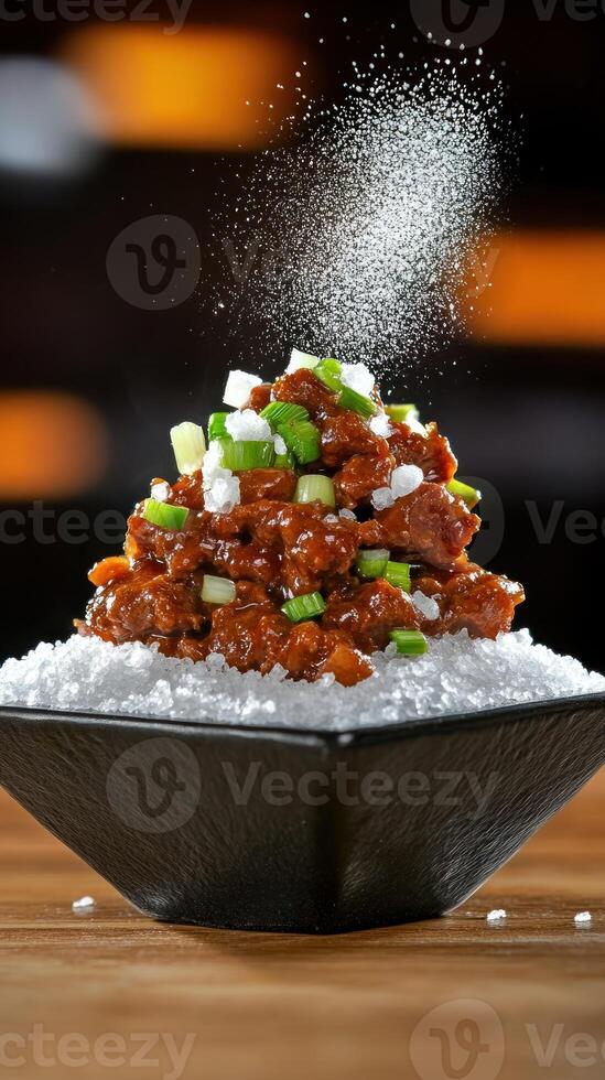 Food presentation Beef and rice bowl with green onions and spices sprinkled for advertising or culinary use photo