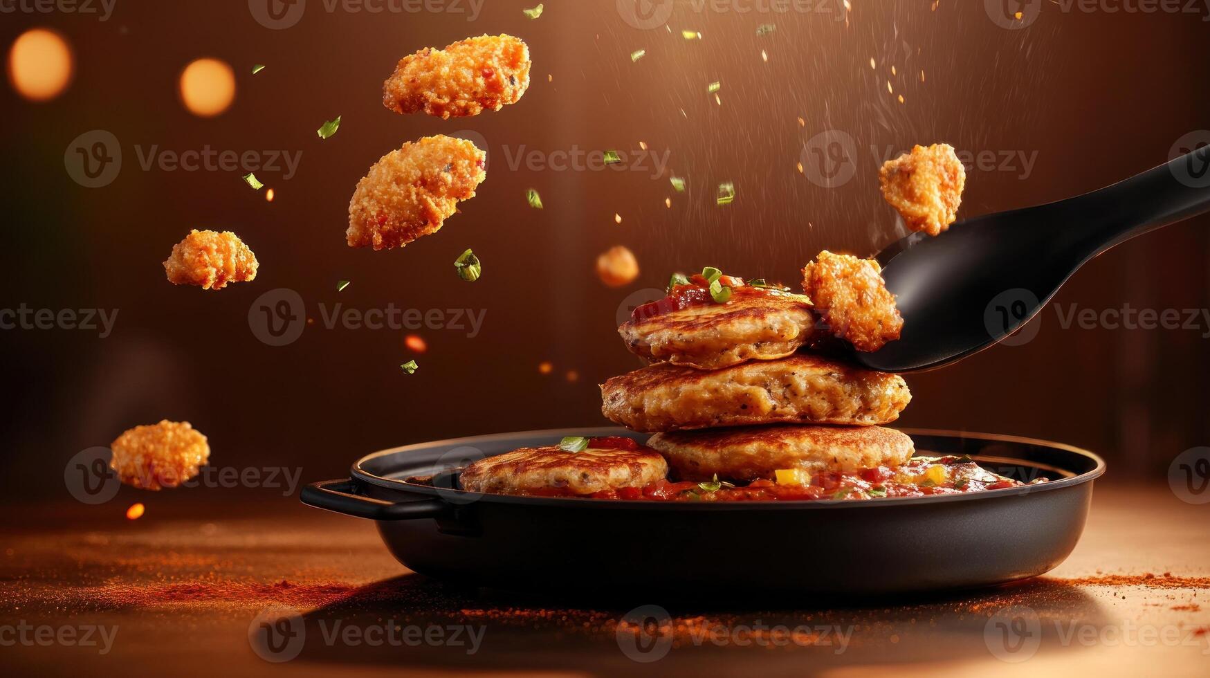 Food stylist stacking pancakes. Fried snacks falling against bokeh lights on brown background. For recipe photo