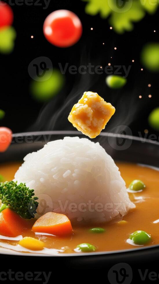 Food presentation Steaming rice bowl, with vegetables, and falling tofu. Use Culinary Ad photo