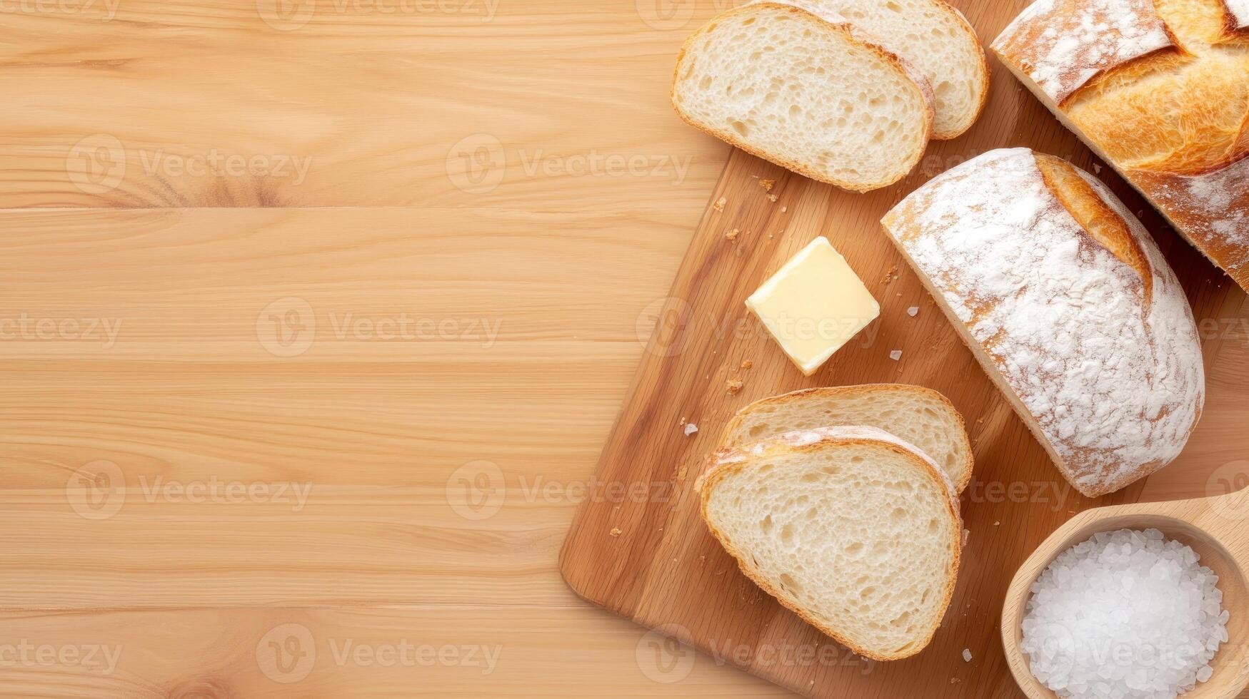 Fresh bread, slices, and butter on a wooden board. Salt in a wooden bowl. Background for ads photo