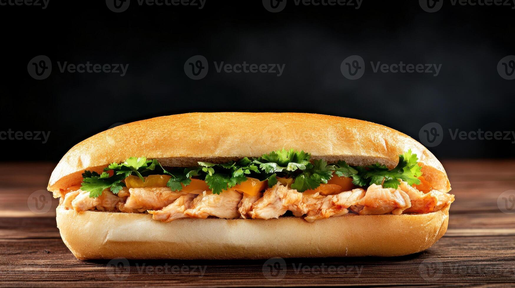 Fresh chicken sub sandwich on wooden table. Culinary advertisement photo