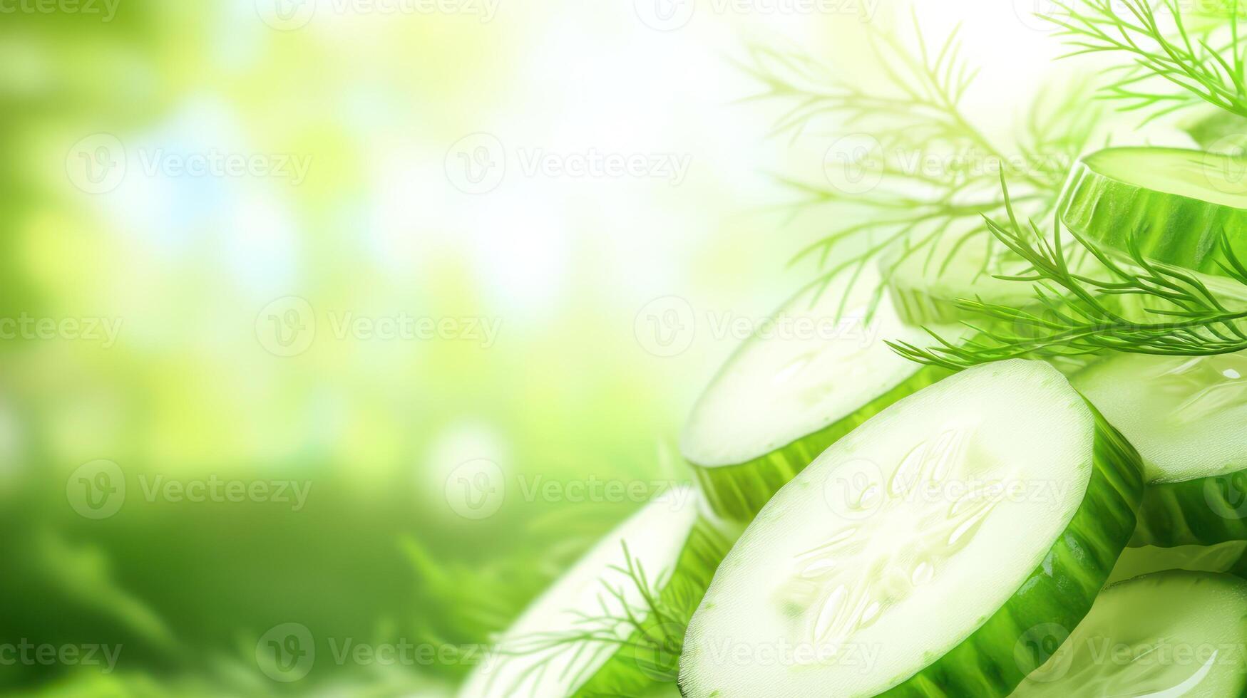 Fresh cucumber slices with dill on a green background with light, for healthy eating concepts photo