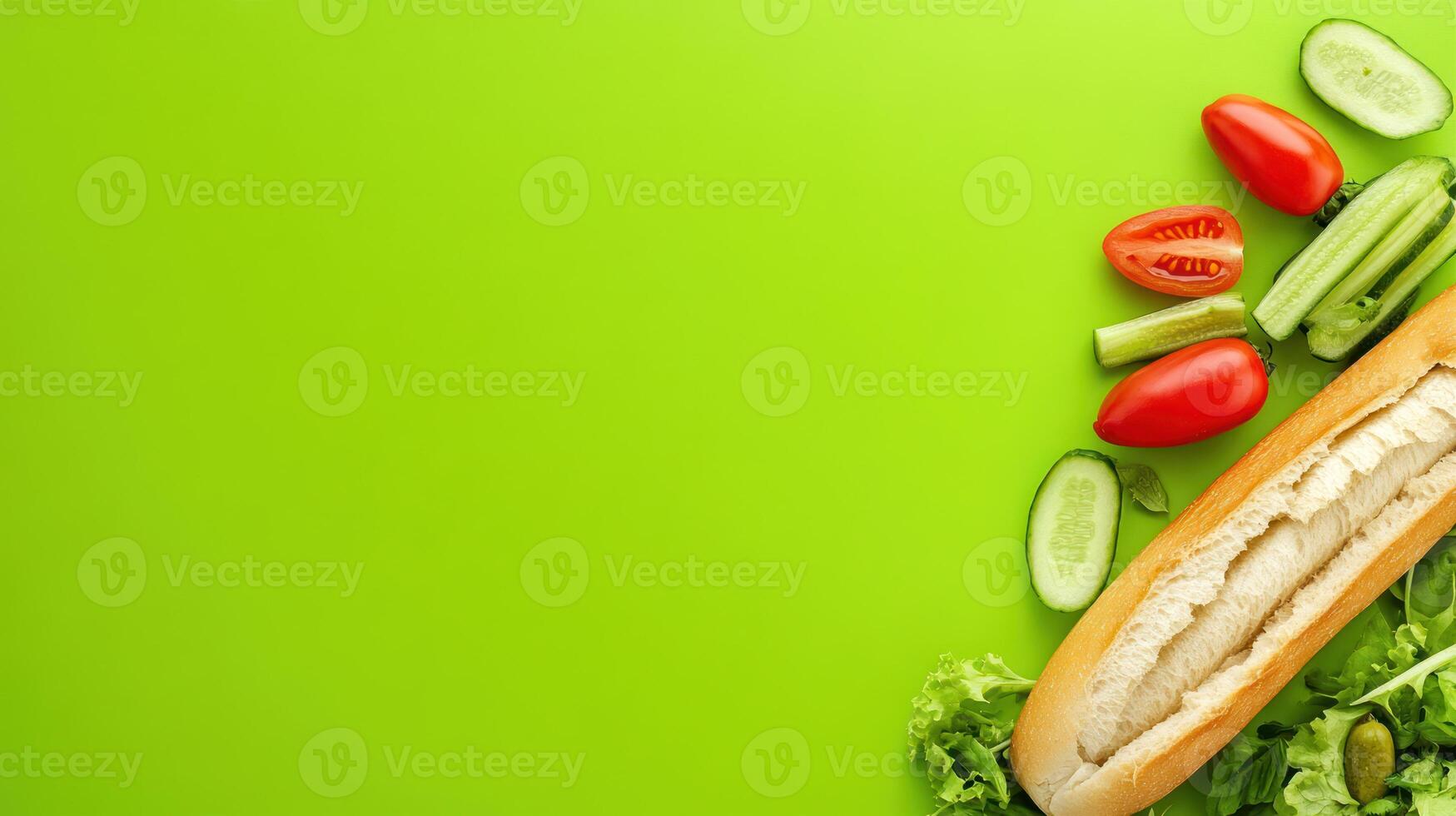 Fresh food ingredients bread, tomatoes and cucumbers with green background for marketing photo