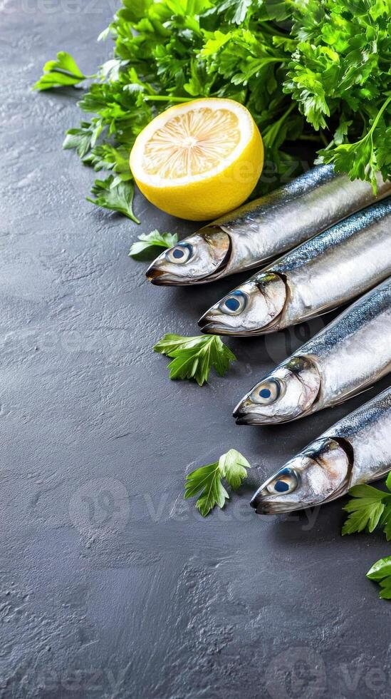Fresh fish with lemon and parsley on gray surface for healthy food preparation photo