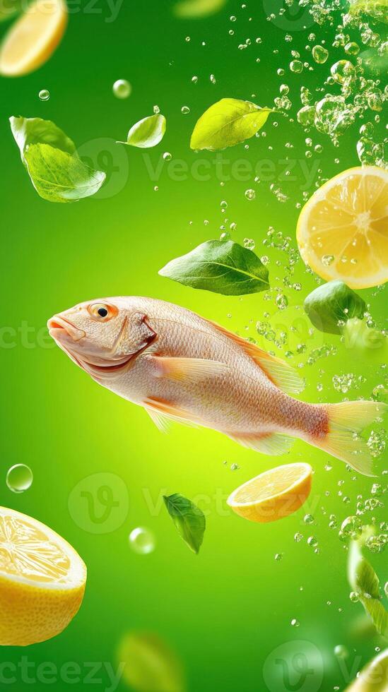 Fresh fish swims amid lemons and herbs in sparkling water for a culinary product photo