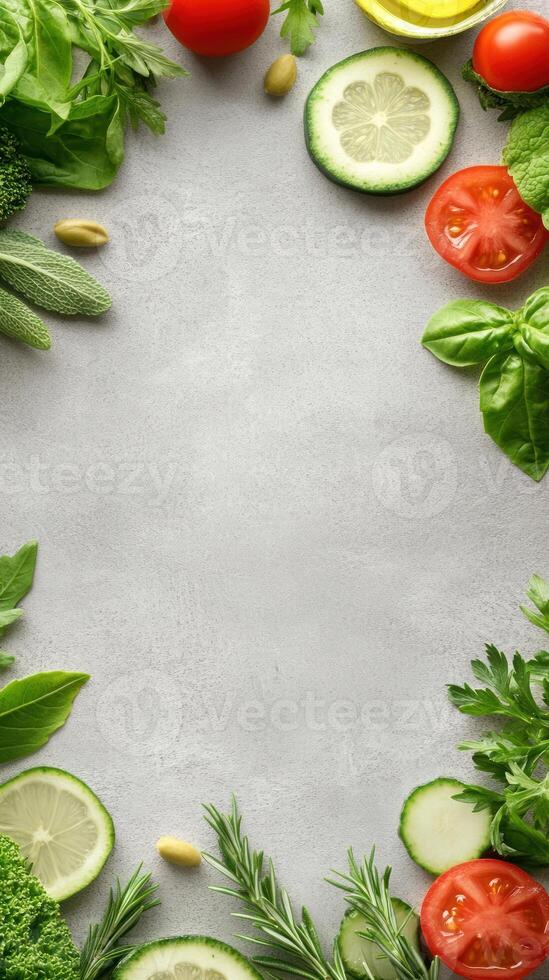 Fresh herbs, tomatos, and zucchini on a gray background. Healthy cooking concepts photo