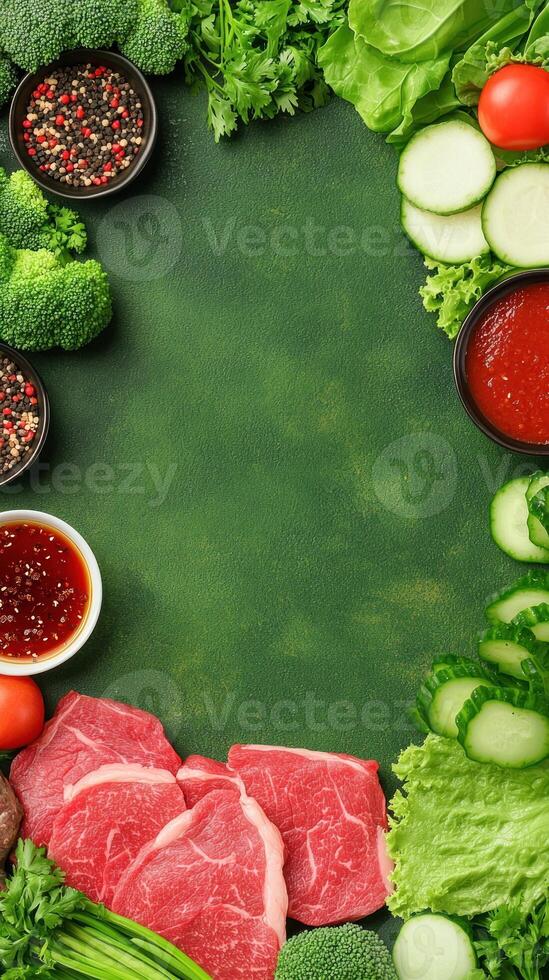 Fresh meat, vegetables, spices on green background for healthy eating. Copy space for text photo