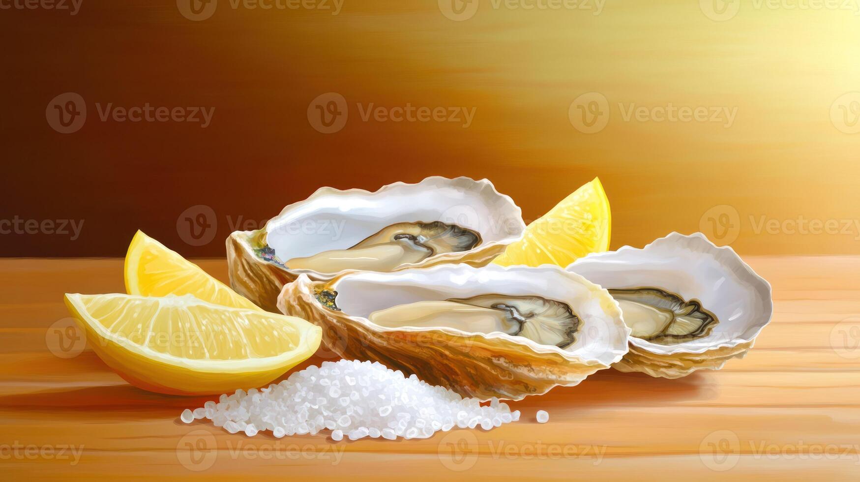 Fresh oysters served with lemon slices and sea salt on a wooden surface. Seafood recipe photo