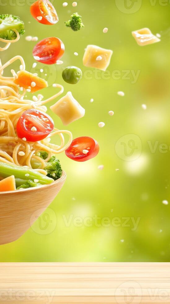 Fresh pasta salad with vegetables flying over a wooden table for a summer food advertisement photo