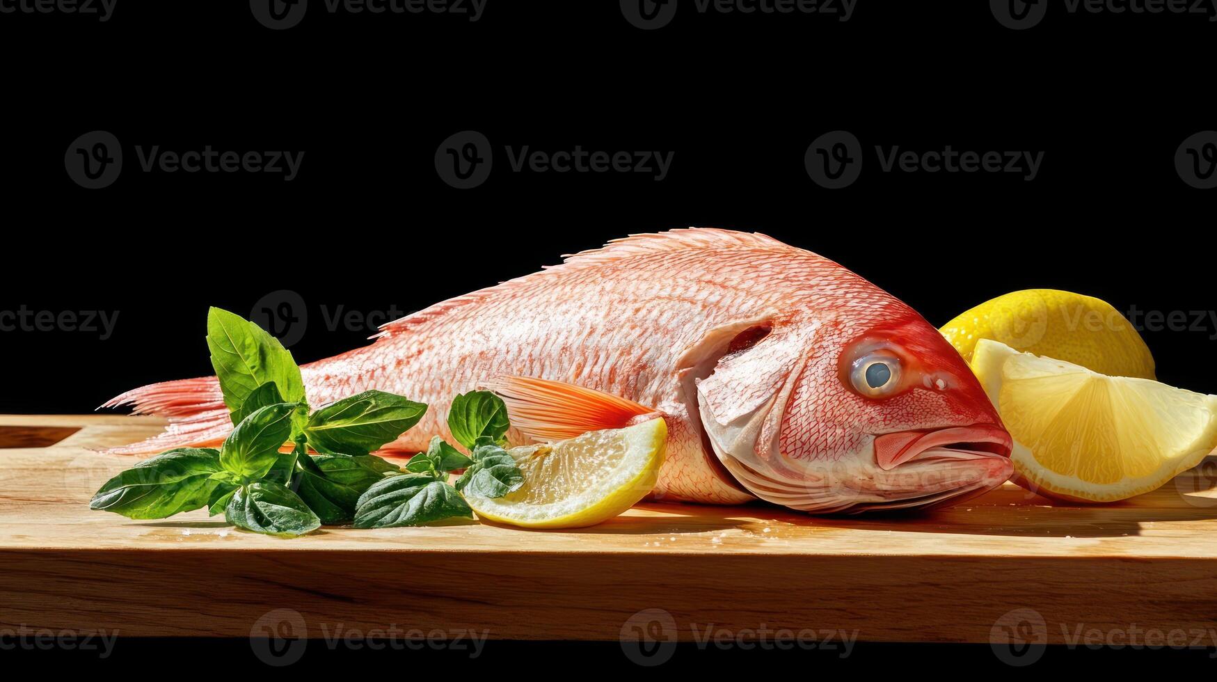 Fresh Red Snapper with lemon and herbs on a wooden cutting board for healthy eating concept photo