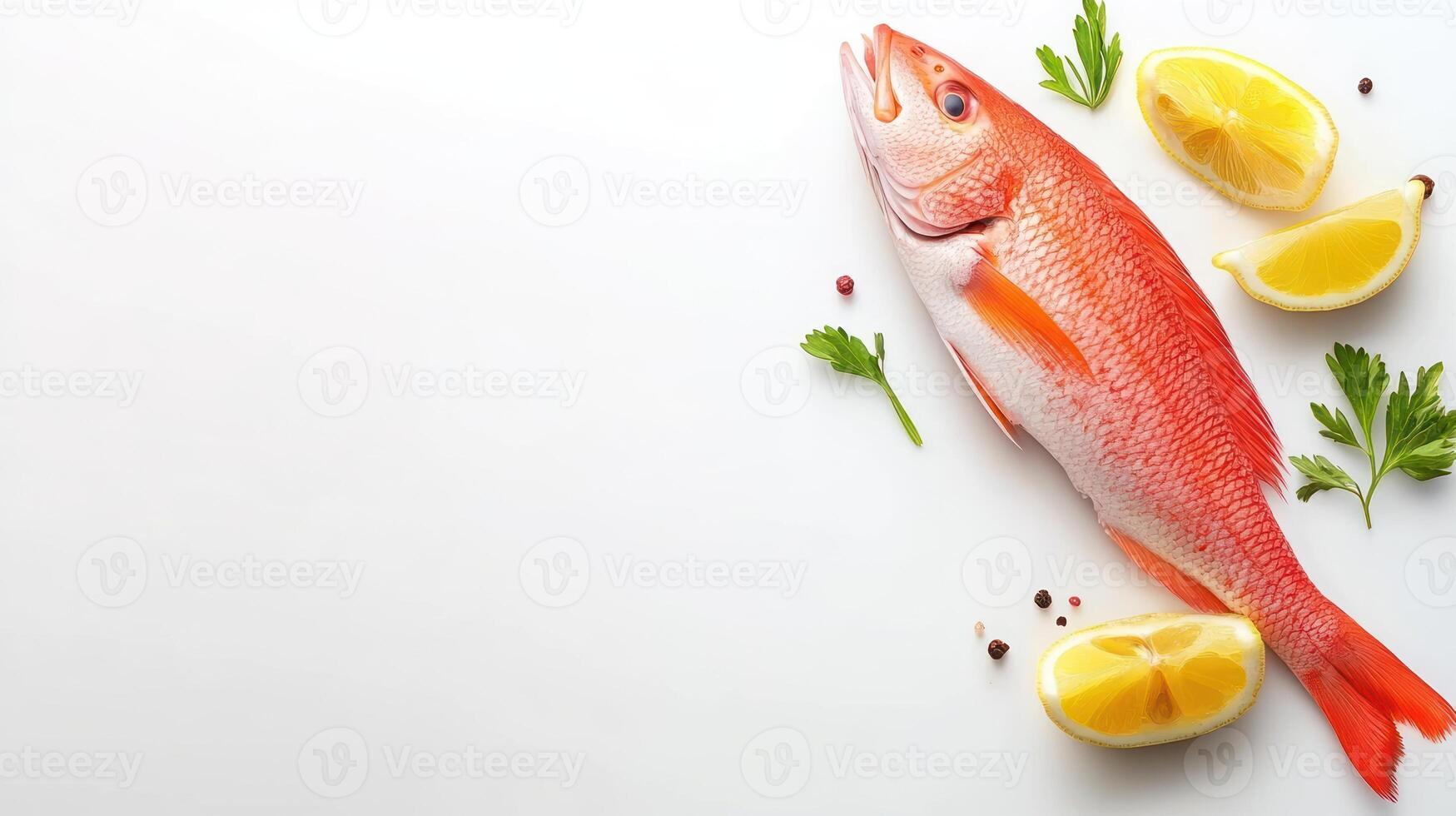 Fresh red snapper fish with lemon and parsley on a white background, used for seafood dish photo