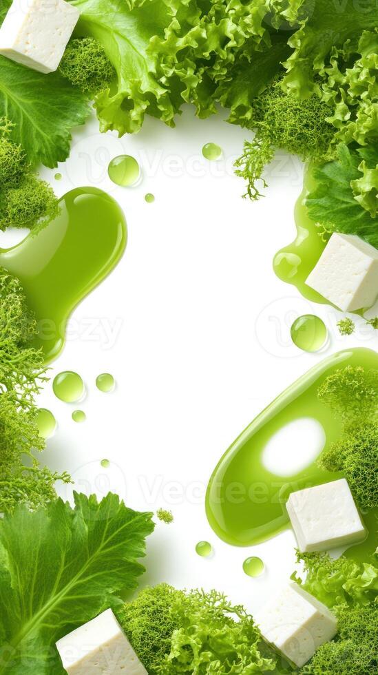 Fresh salad and tofu around green sauce on white, used in vegan, healthy eating themes photo