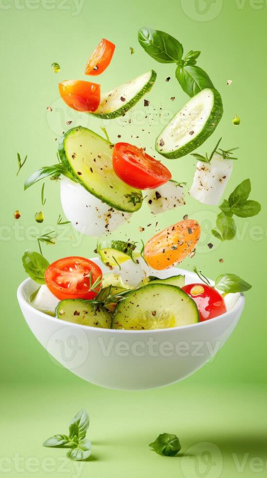 Fresh salad explosion, tomatoes, cucumber, and basil hovering over bowl for culinary blog use photo