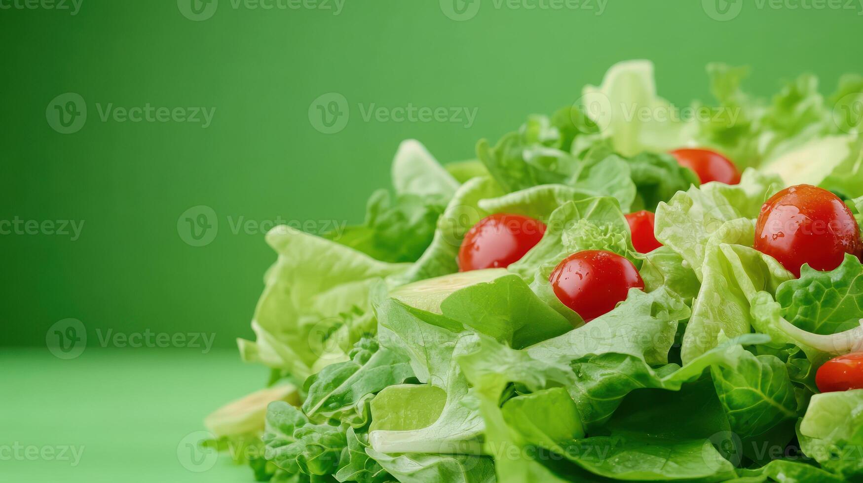 Fresh salad closeup on vibrant green background for healthy eating or food photography photo