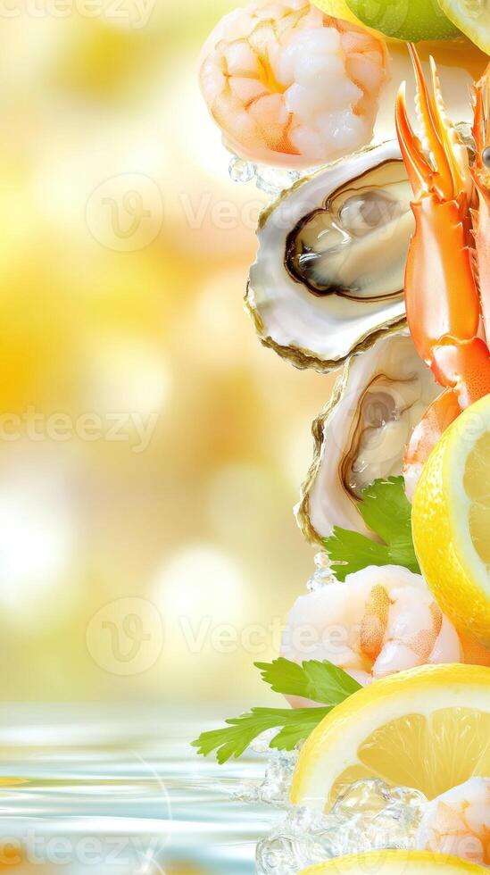 Fresh seafood, oysters, shrimp, lemon, and herbs on ice on a bright bokeh background for a gourmet meal photo