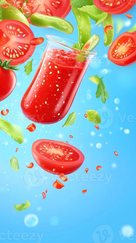 Fresh tomato juice in glass with tomatoes and herbs. Useful for menu or promotion photo