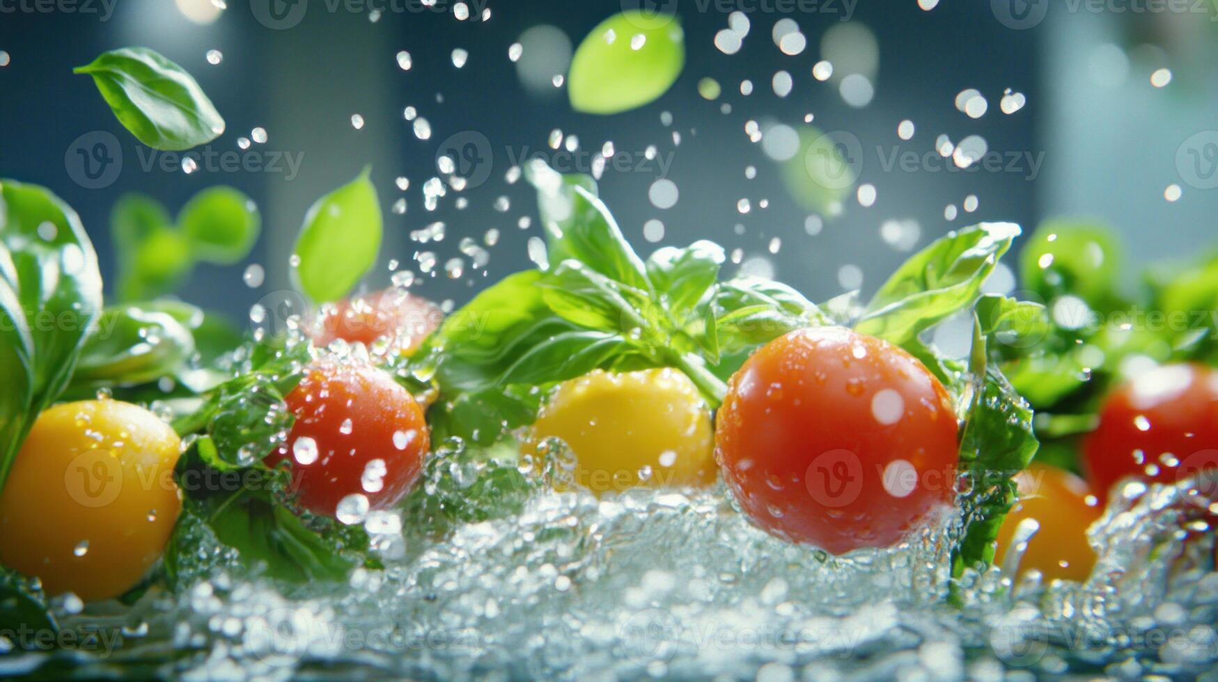 Fresh tomatoes and basil in splashing water, vibrant colors, backlit, healthy eating concept photo
