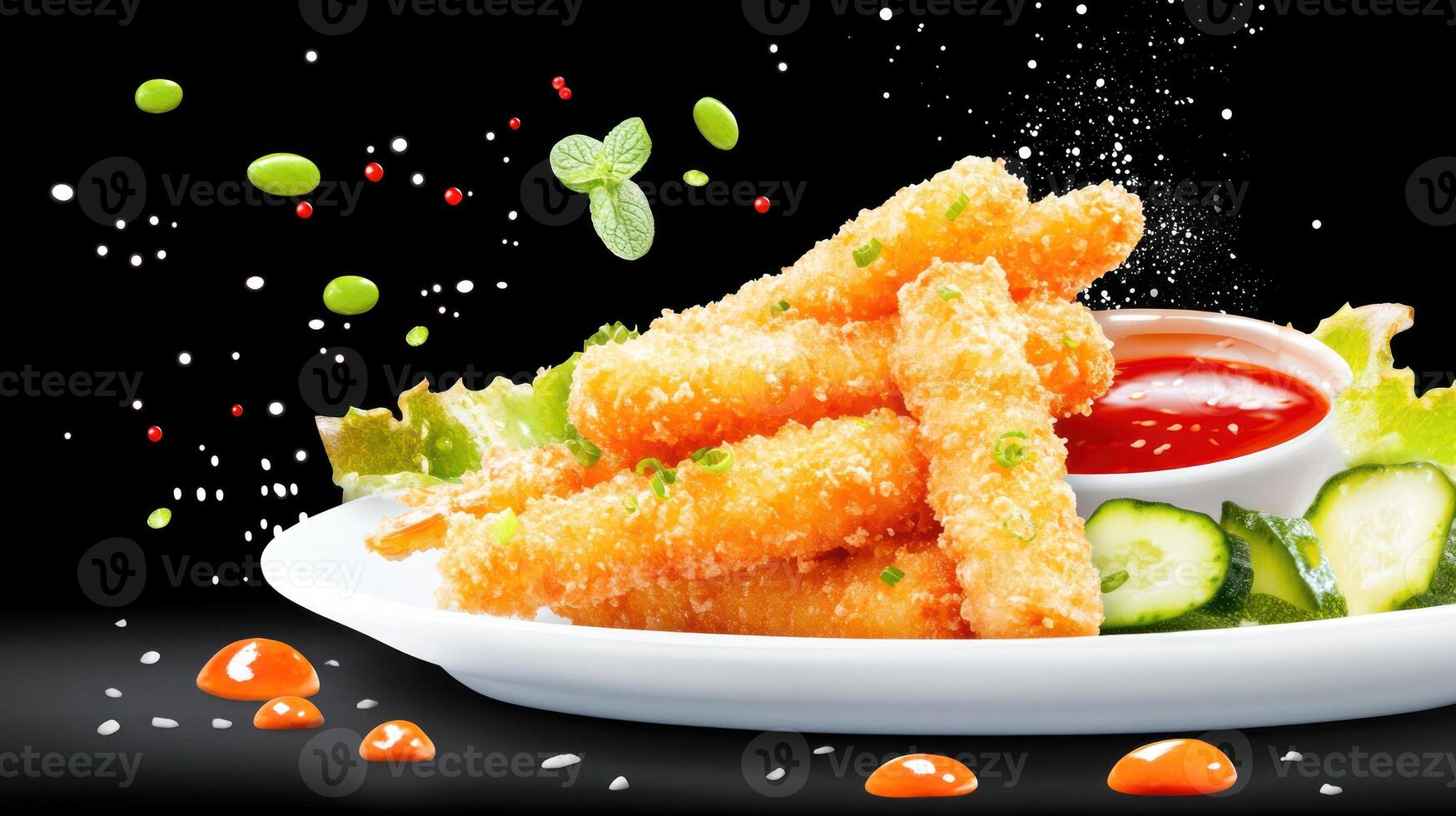 Fried cheese sticks with sauce, cucumber and salad on a plate, food presentation background photo