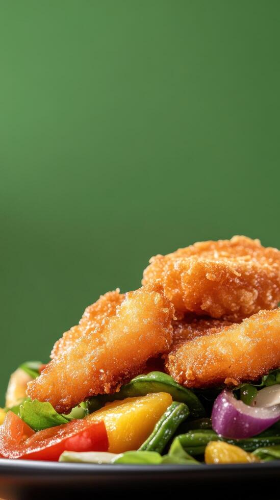 Fried chicken bites sit on a fresh salad with tomatoes and onions, against a green backdrop photo