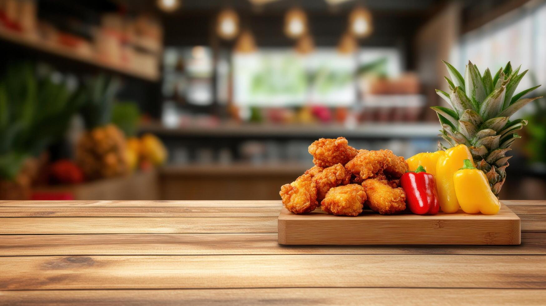 Fried chicken with pineapple and peppers on a wooden board with blurry kitchen photo