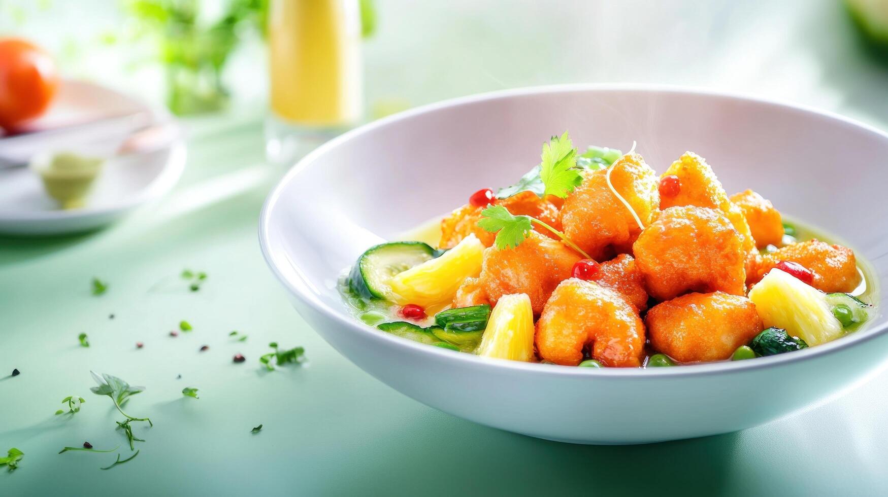 Fried dish served with zucchini and pineapple. Culinary delight on a light green table photo