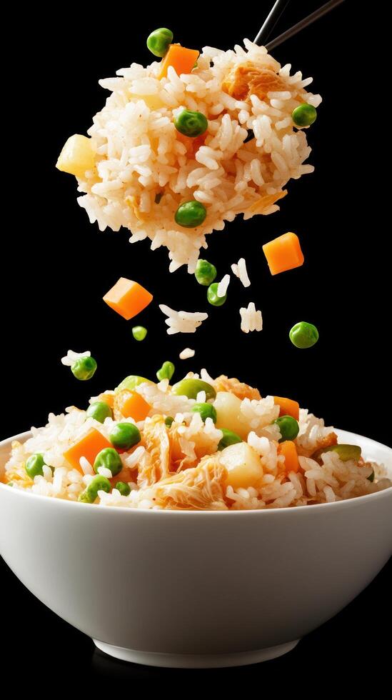 Fried rice with chopsticks and vegetables is lifted from bowl with dark background for food blog use photo