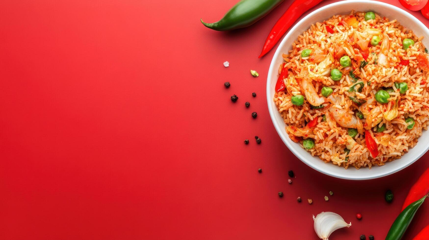 Fried rice with shrimp, pea, vegetables in bowl on red surface, chili peppers around. Food photography photo