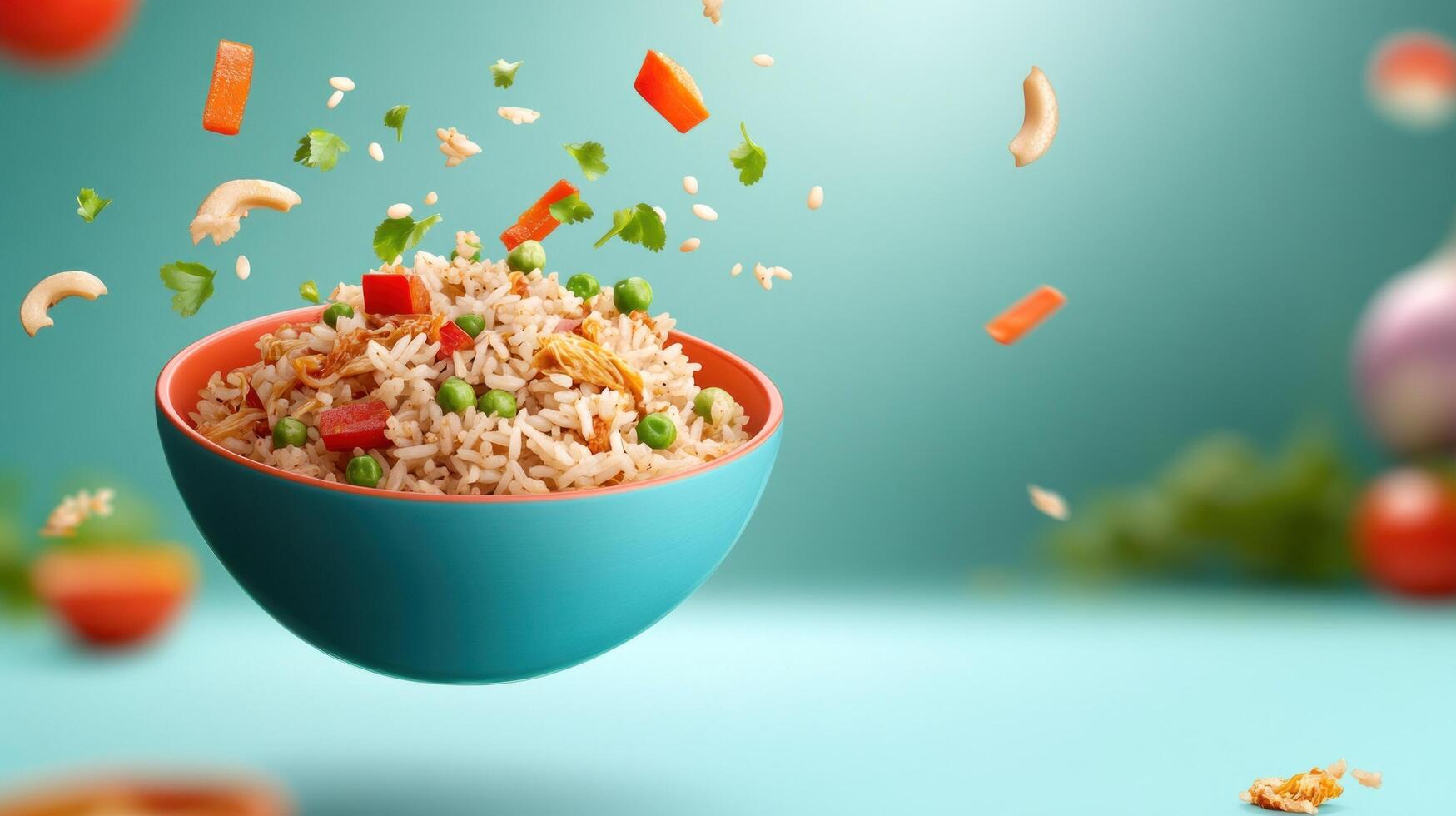 Fried rice with veggies served in a bowl. Culinary background for a food blog or restaurant menu photo