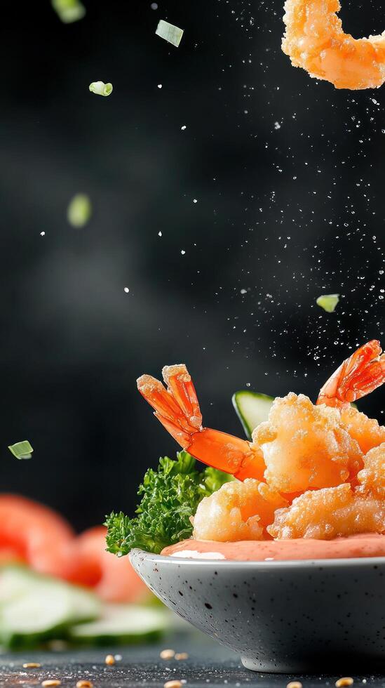 Fried shrimp with greens in bowl with herbs falling, food background use photo