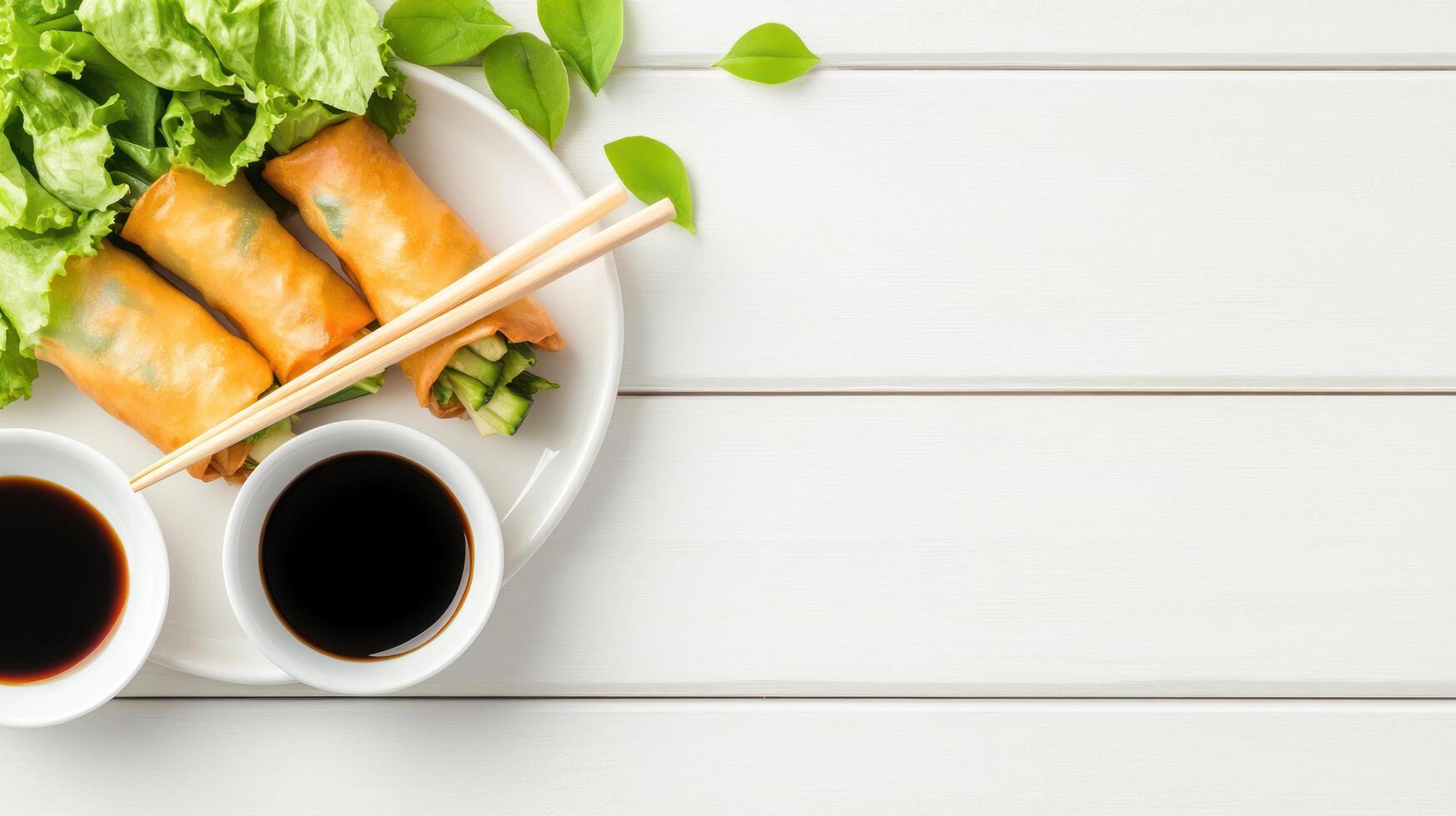 Fried spring rolls with lettuce, served with soy sauce on a plate. Food presentation photo