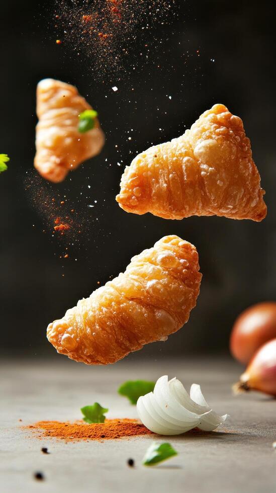 Fried triangles floating, sprinkled spices, onion. For recipes, cookbooks, or culinary magazines photo